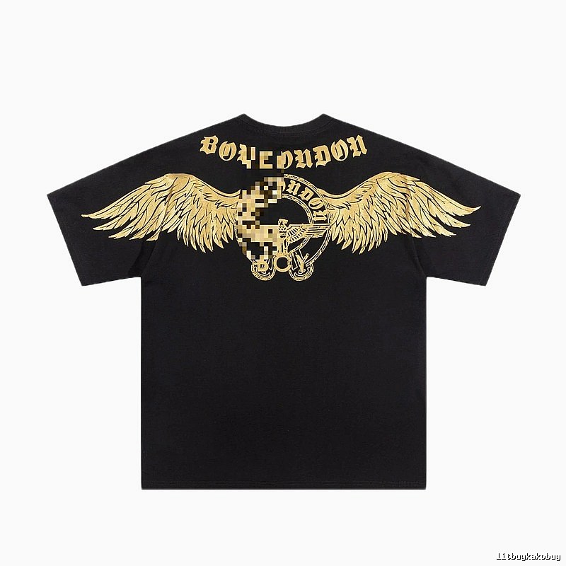 BOY Street Style Black Short-sleeve T-shirt with Gold Foil Stamped Wings