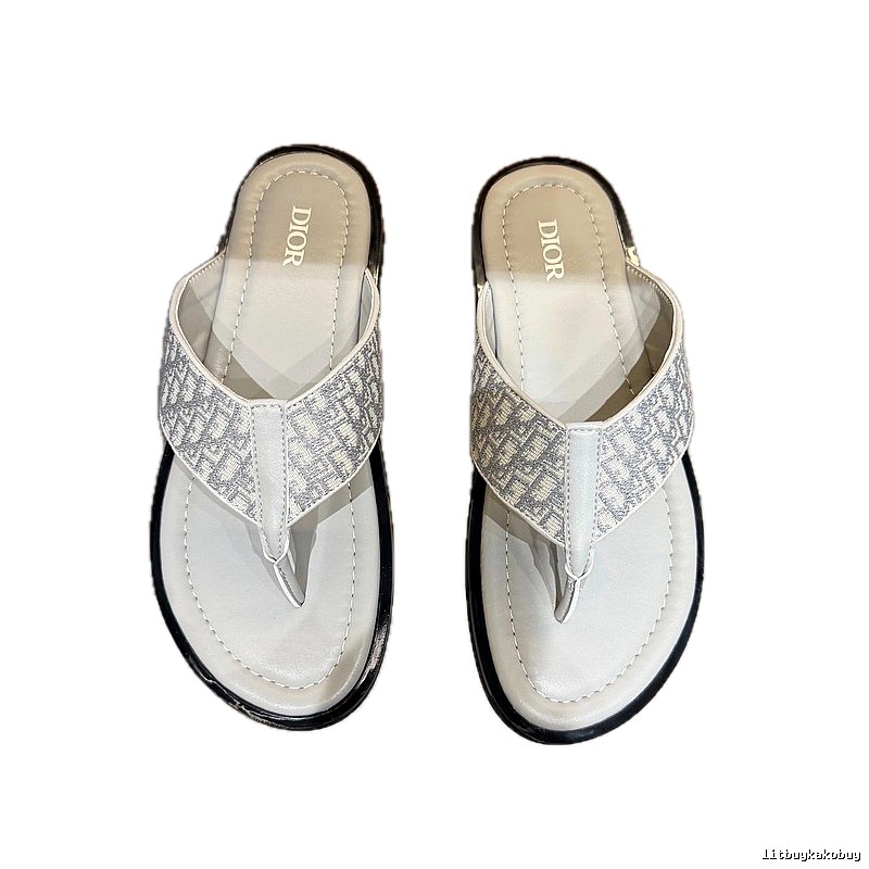 Dior Oblique Collection Light Luxury Style Light Gray Flip-Flops