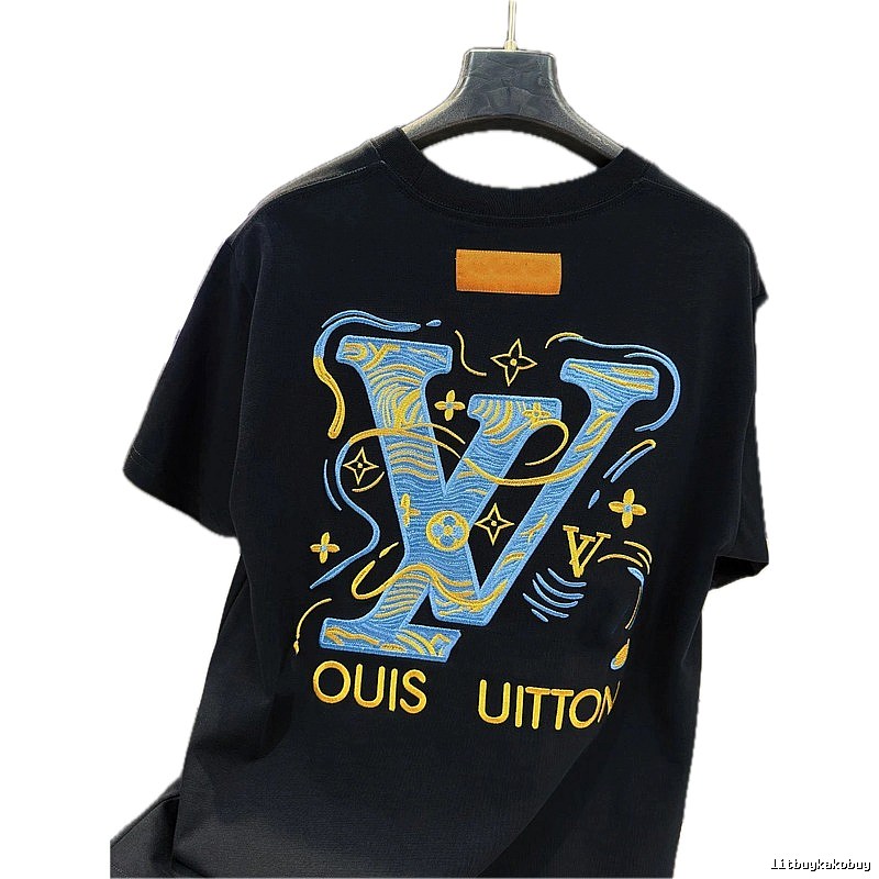 Louis Vuitton Embroidered Collection Trendy Style Black T-Shirt
