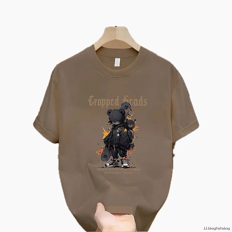 Streetwear Brand Skateboarding Bear Street Style Khaki T-Shirt