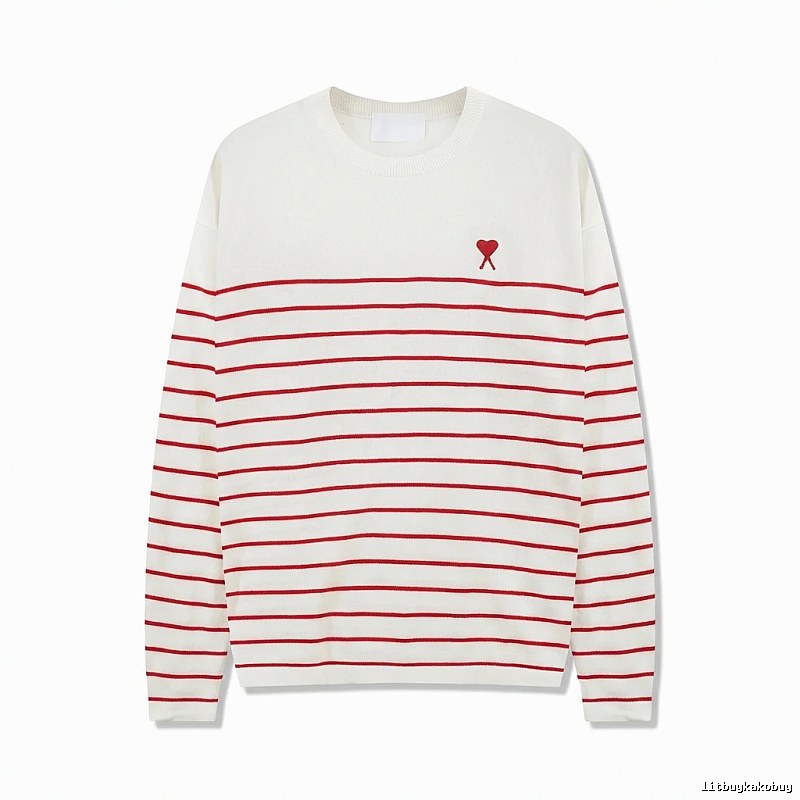 AMI Stripe Heart White Sweater