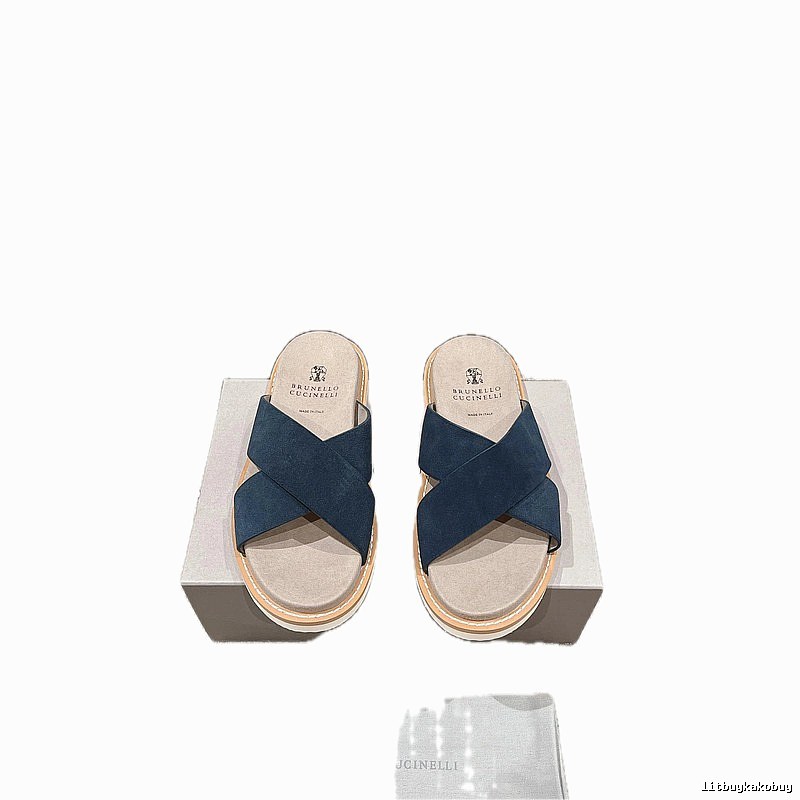 Brunello Cucinelli Minimalist Casual Navy Blue Slide Sandals