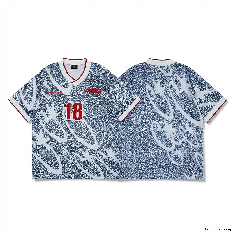 Corteiz-printed retro-style blue and white short-sleeve shirt