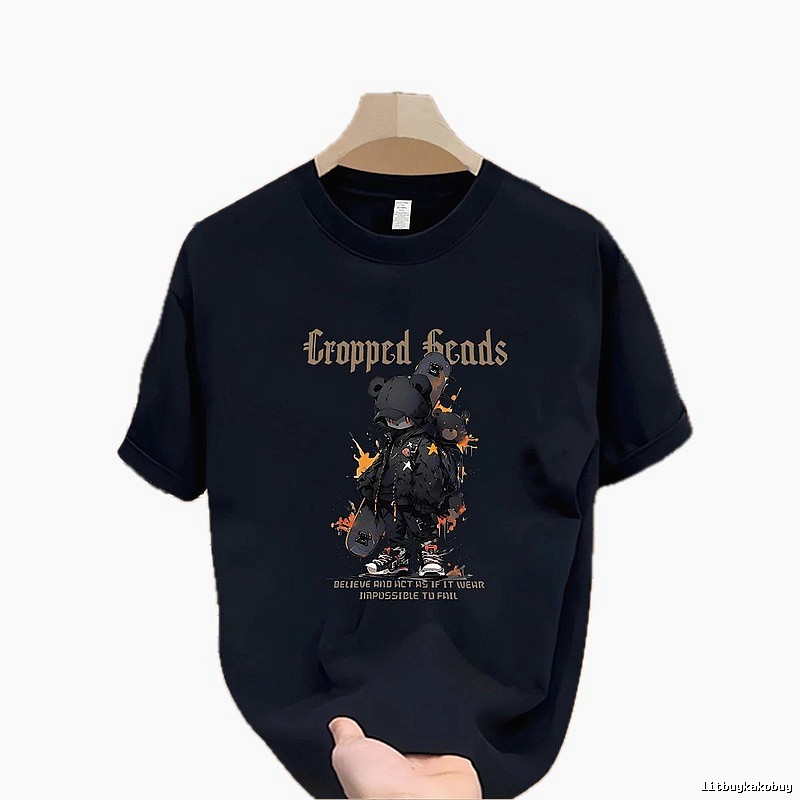 Cropped Skate Bear Street Style Navy Short Sleeve T-Shirt