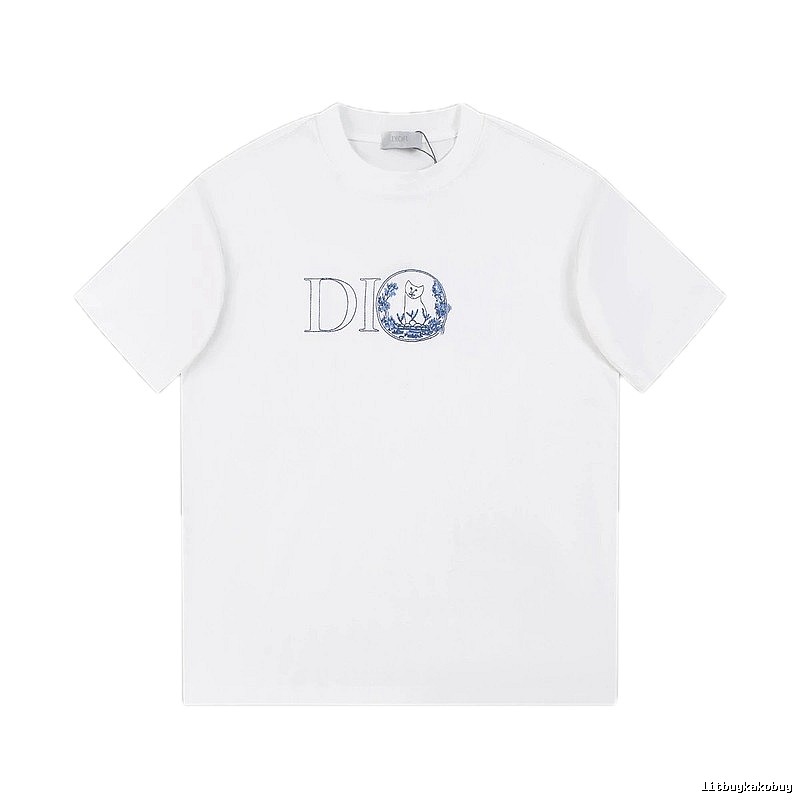 Dior Cat-Embroidered Light Luxury Style White Short-sleeve T-shirt