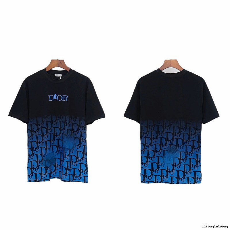 Dior Classic Monogram Trendy Style Black-Blue Gradient T-Shirt