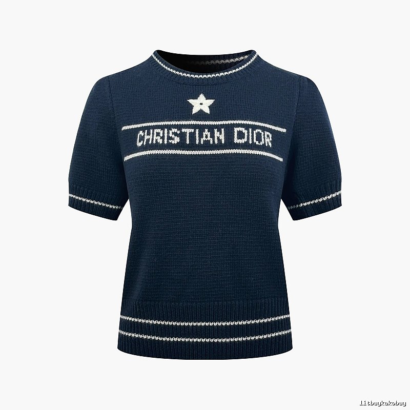 Dior Short Sleeve Knit Sweater with Cream Trim and Star Detail