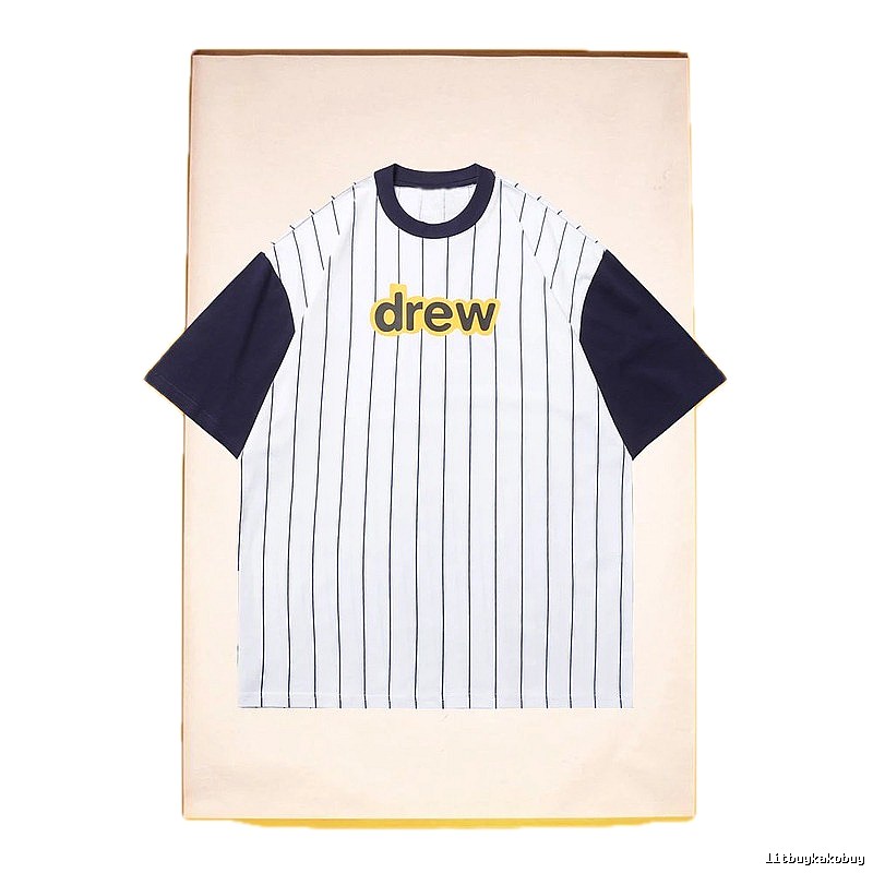 DREW Letter Print Street Style White and Navy Blue Short Sleeve T-Shirt