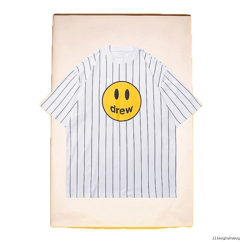 DREW Smiley Series Street Style White Striped Short Sleeve T-shirt