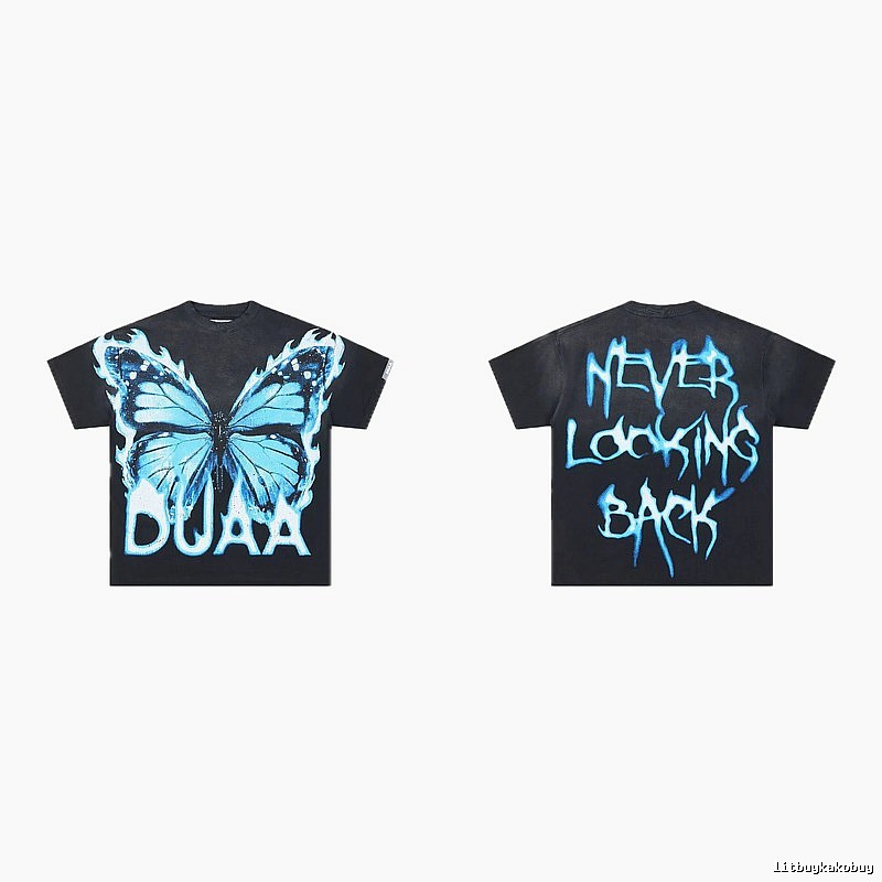 DUAA Butterfly Print Street Style Black and Blue Short-sleeved T-shirt