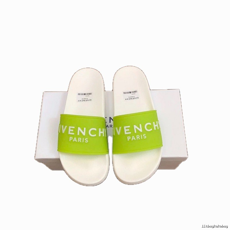 Givenchy Trendy Letter Style Fluorescent Green Spliced White Slide Sandals