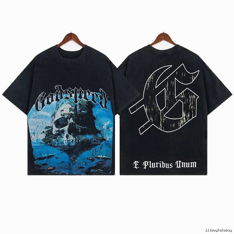 Godspeed Skull Print Vintage Distressed Black T-Shirt
