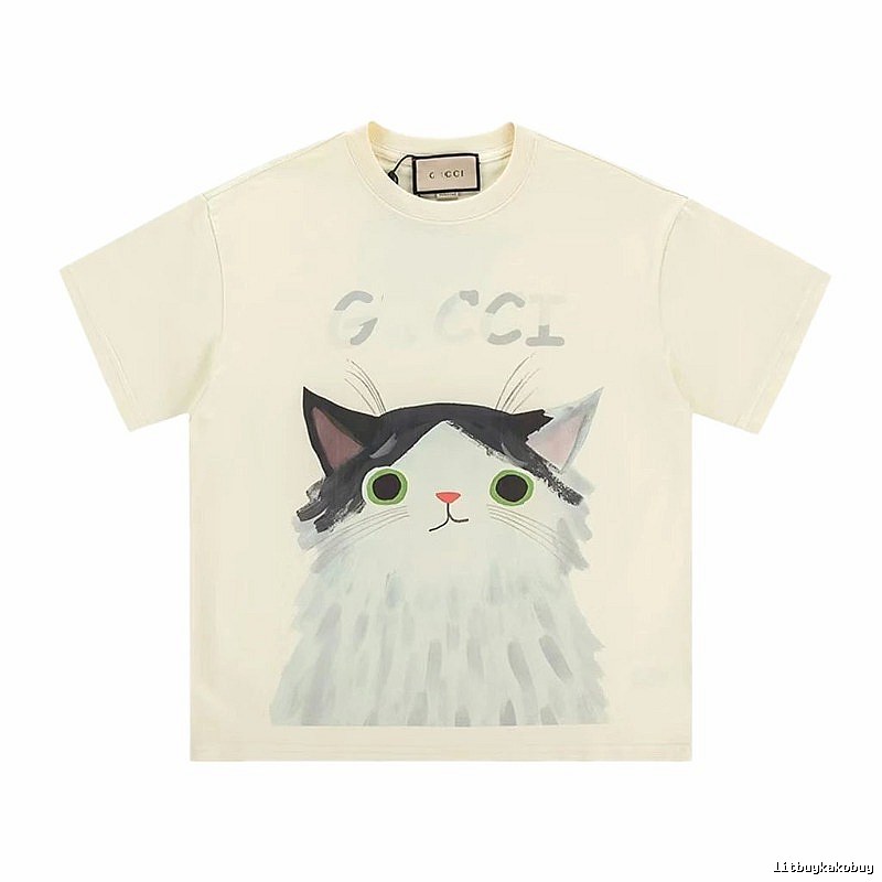 Gucci Cat-Print Casual Off-white Short-sleeve T-shirt