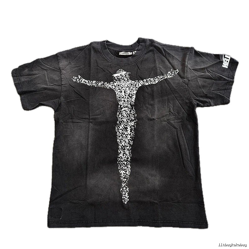 Hellstar QR Code Jesus Street Style Distressed Black T-Shirt