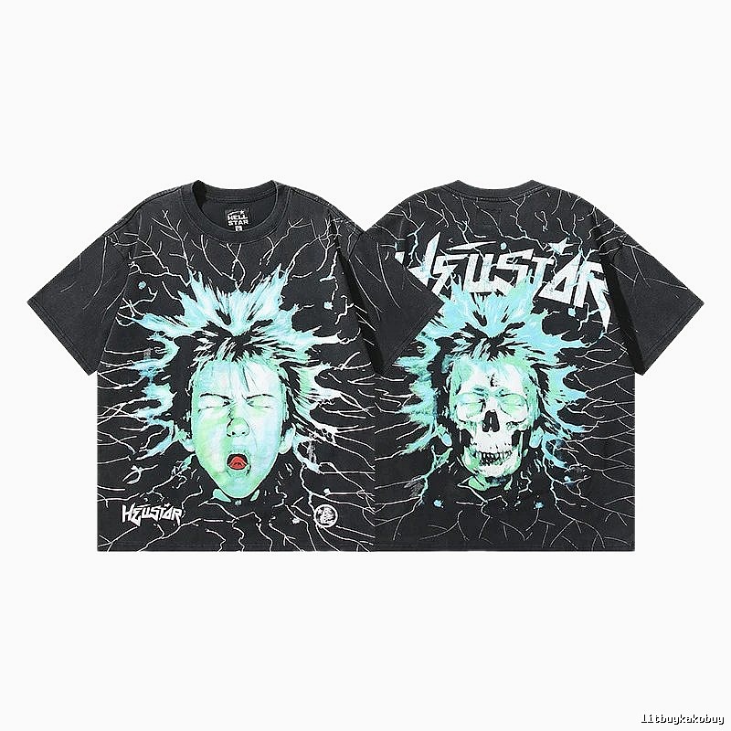 Hellstar Skeleton Print Street Style Black and Green T-shirt