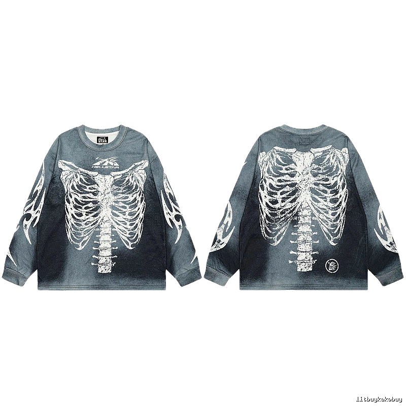 Hellstar Skull Print Street Style Vintage Grey Long Sleeve T-shirt