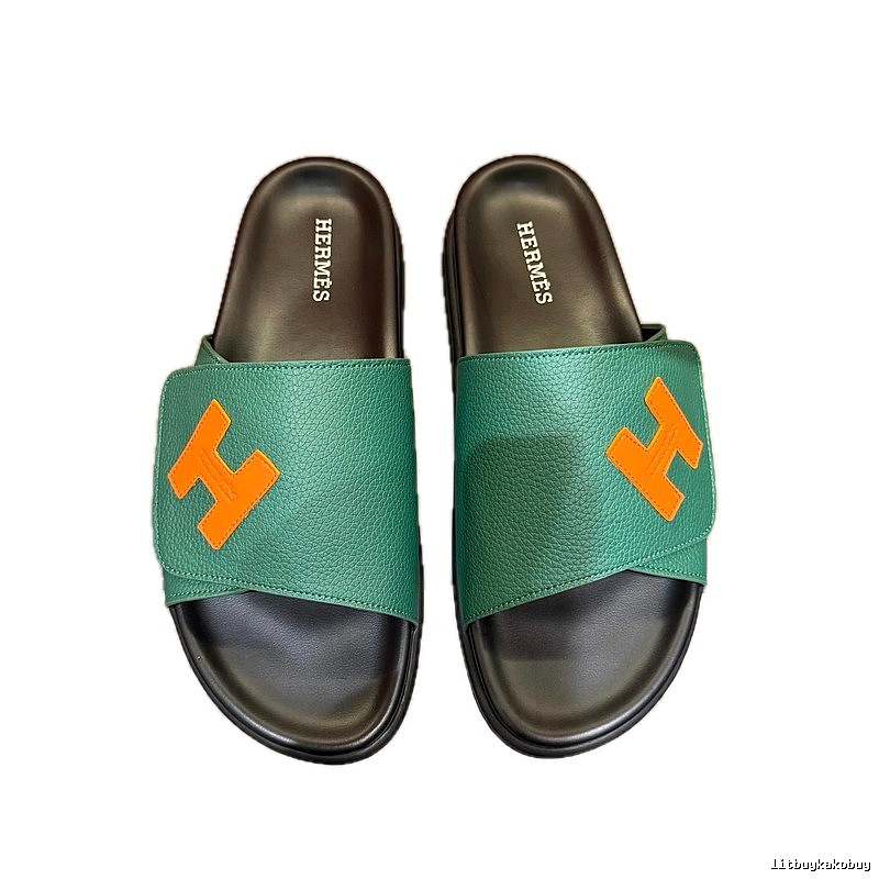 Hermès H Collection Casual Style Green & Orange Color-block Slide Sandals