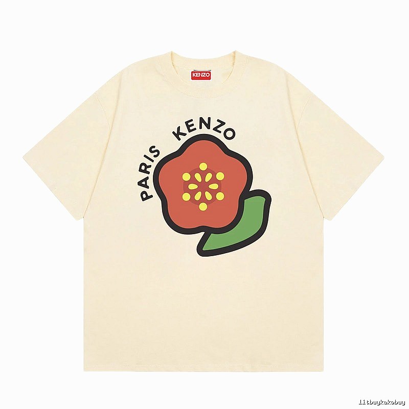 KENZO Begonia Print Casual Style Beige Short Sleeve T-Shirt