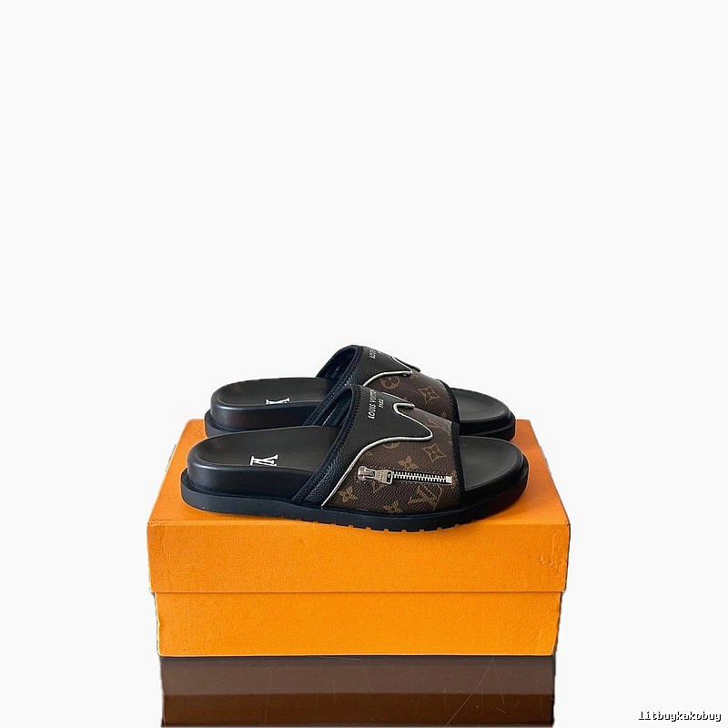 Louis Vuitton Classic Monogram Light Luxury Style Brown and Black Slides