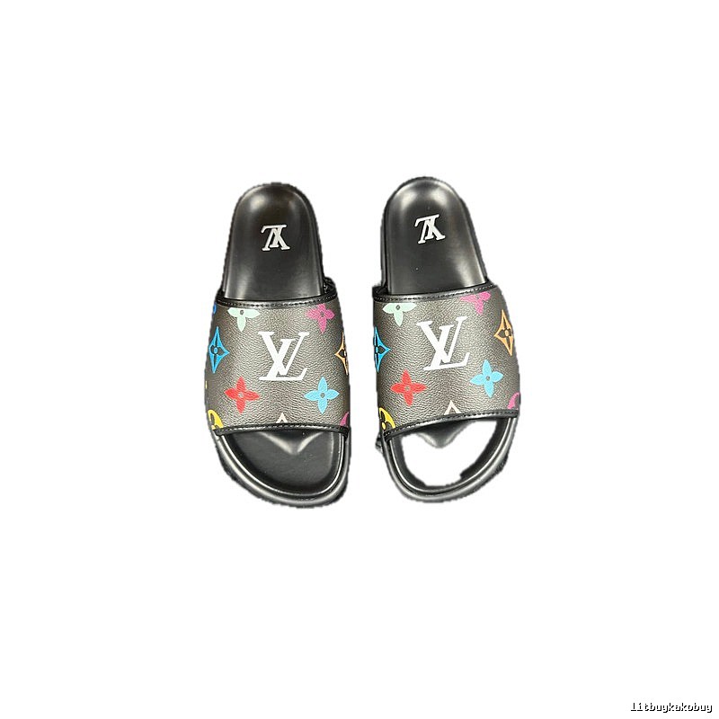 Louis Vuitton Monogram Street-style Black-based Multicolor Slide Sandals