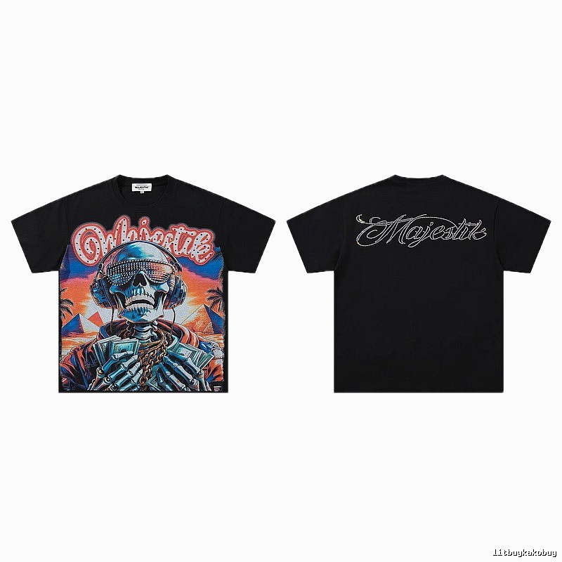 MAJESTIK Skull Print Hip-hop Style Black T-shirt
