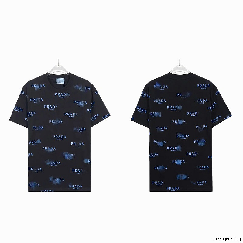 Prada All-over Printed Streetwear Style Black Short-sleeve T-shirt