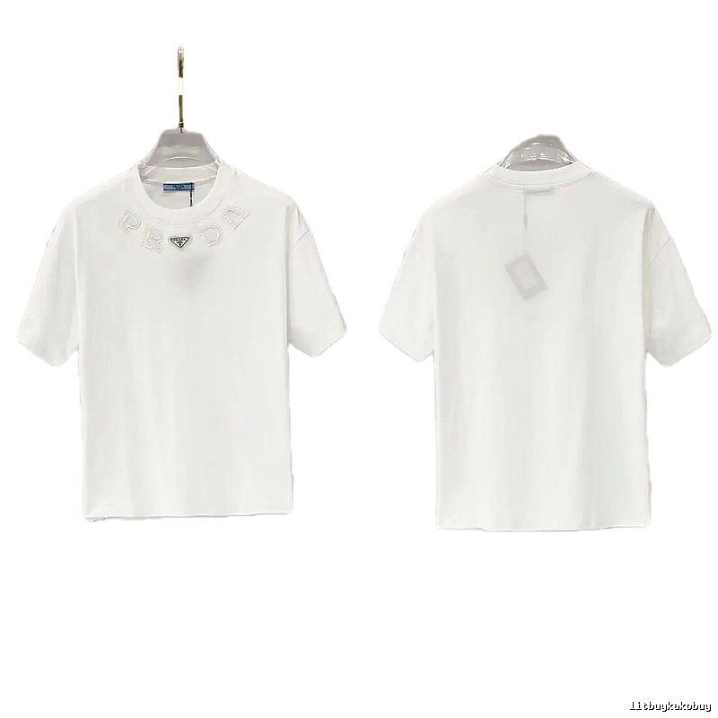 Prada Embroidered Minimalist Style White Short-sleeved T-shirt