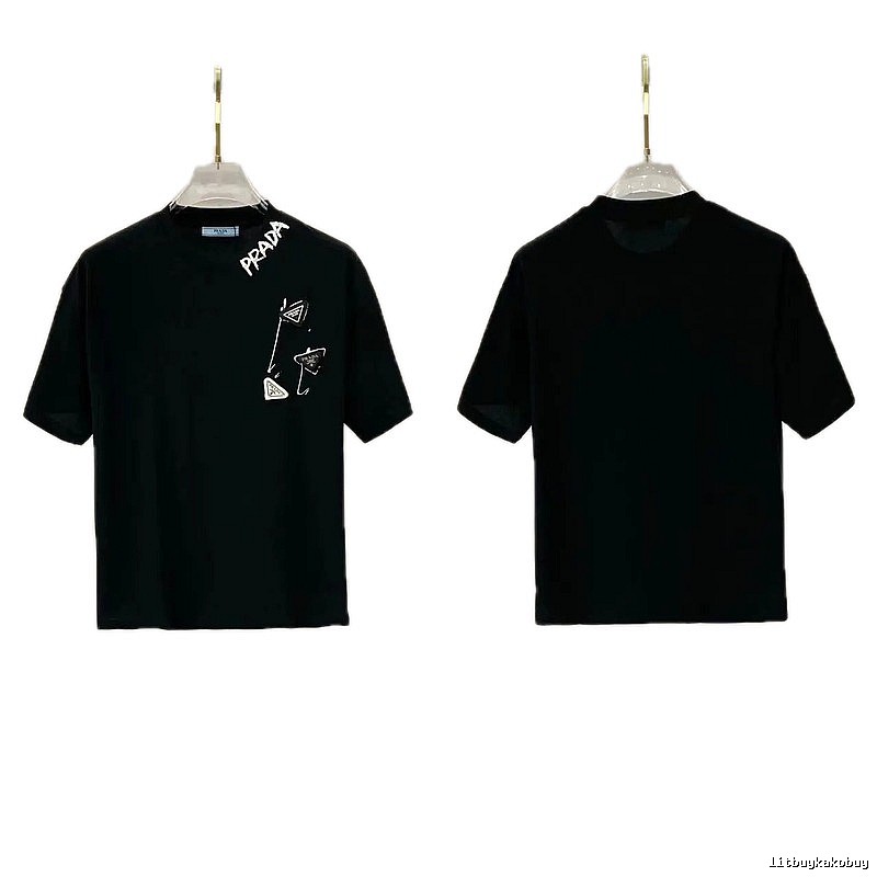 Prada Inverted Triangle Streetwear Style Black Short-sleeve T-shirt