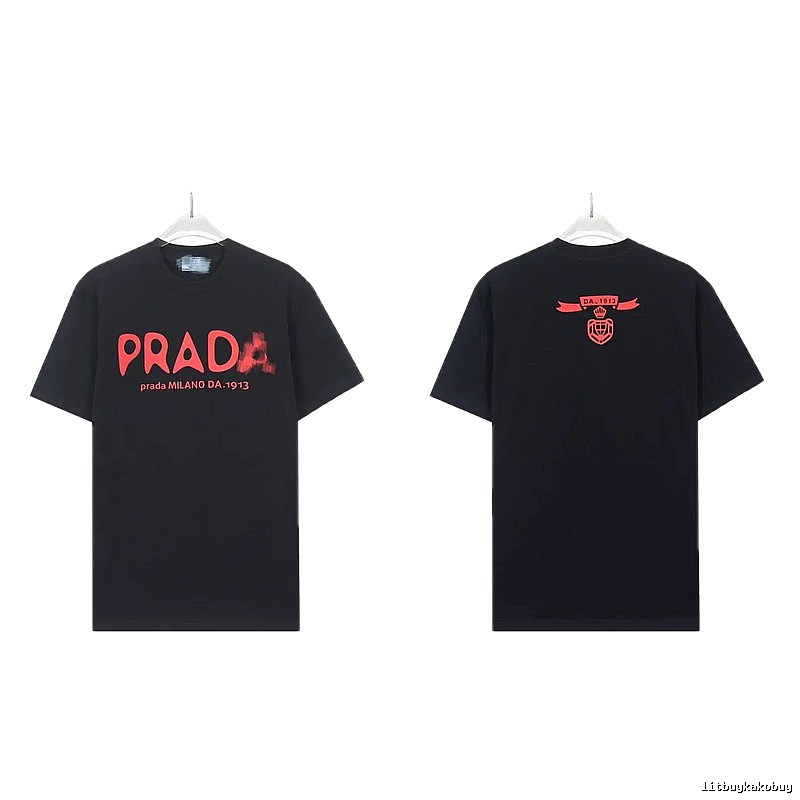 Prada Letter Print Trendy Cool Style Black Short-sleeve T-shirt