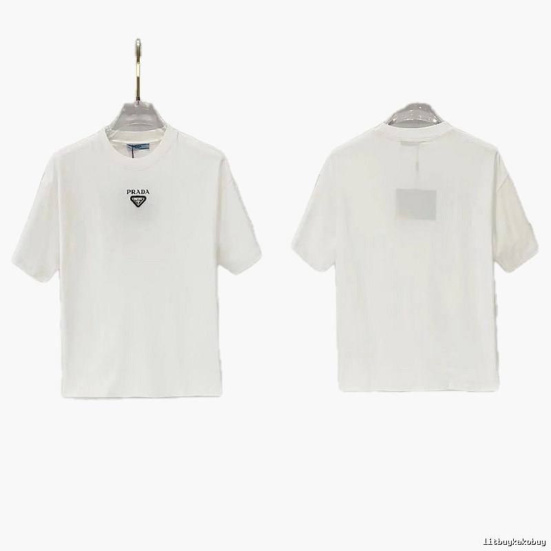 Prada Triangular Logo Minimalist Style White Short-sleeve T-shirt