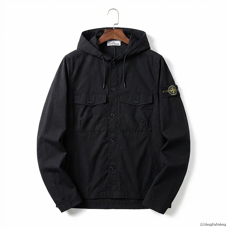 Stone Island Workwear Style Black Hooded Coat
