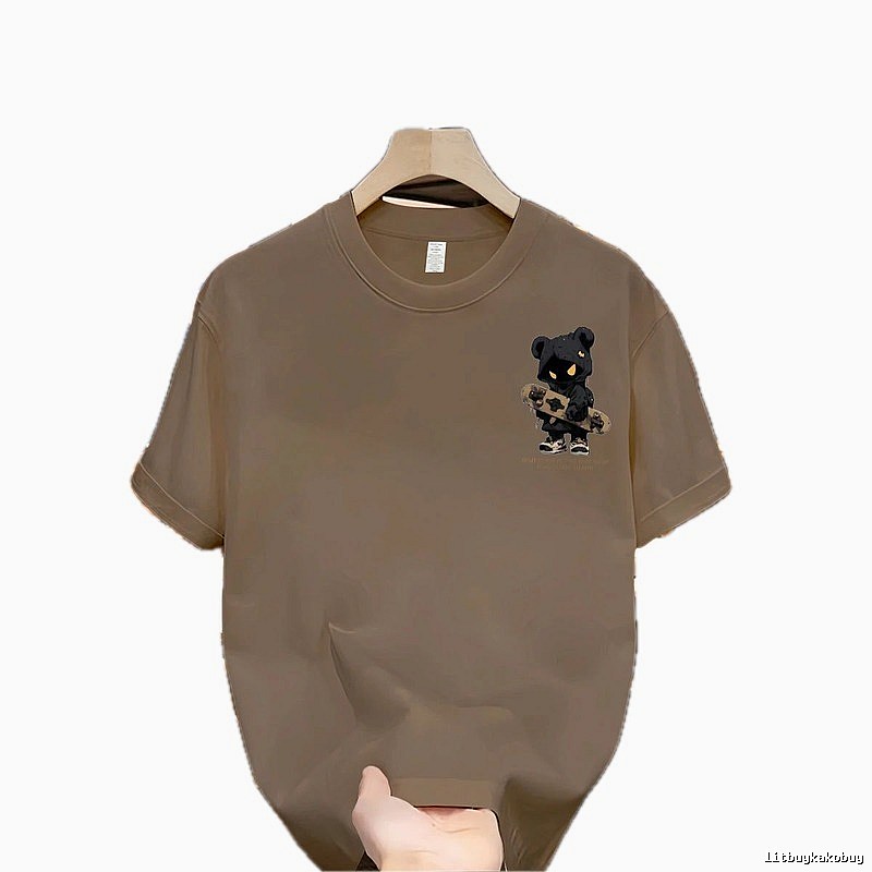 Streetwear Brand Street Style Khaki Short-sleeve T-shirt with Skateboarding Bear Graphic