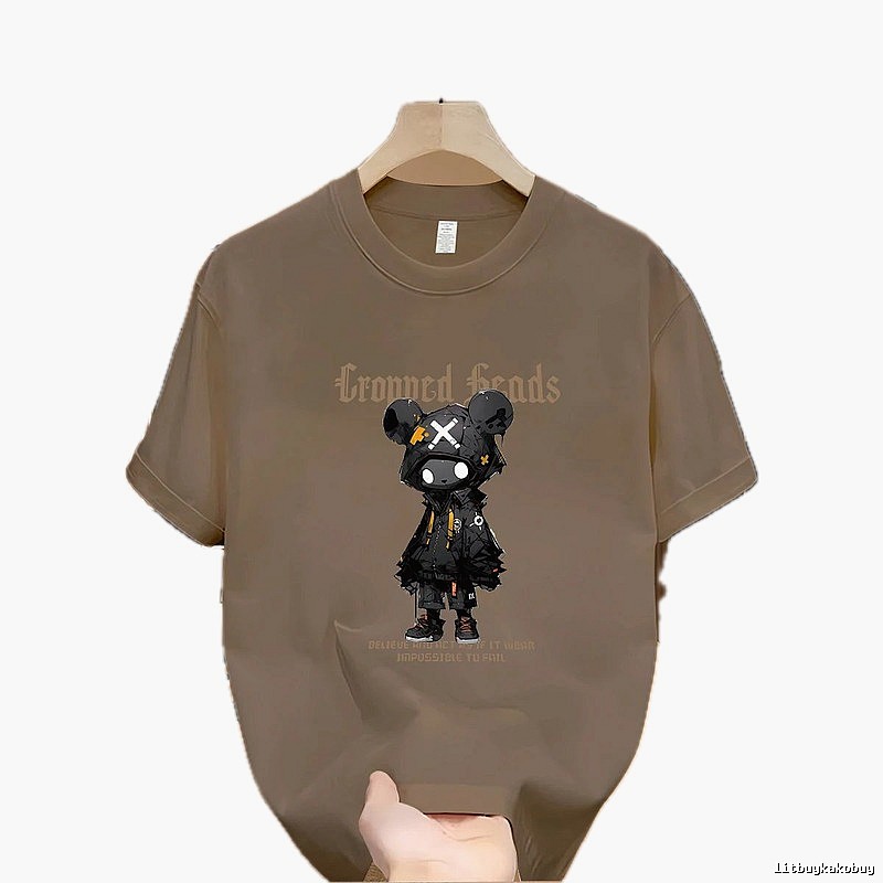Streetwear Street Style Violent Bear Print Khaki Short-sleeve T-shirt