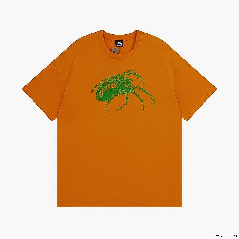 Stussy Orange Spider Graphic T-Shirt Streetwear Look Logo