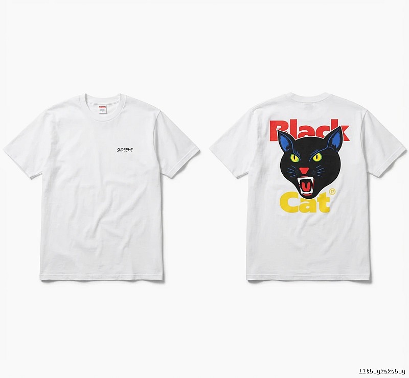 SUPREME Black Cat Print White T-shirt