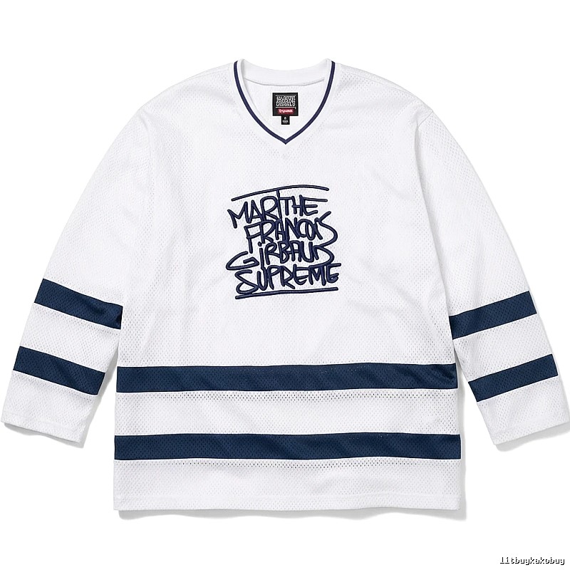 Supreme graffiti-style white and blue jersey