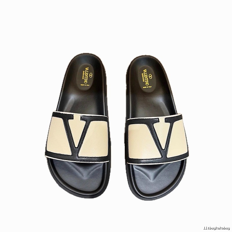 Valentino Big V Light Luxury Style Beige and Black Color-block Slide Sandals