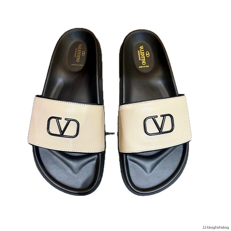 Valentino V-Logo Affordable Luxury Style Beige-Black Slide Sandals